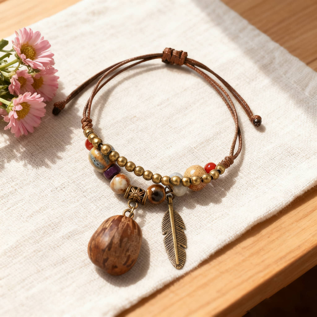 Textured berry charm bracelet featuring wooden beads and decorative charms for stylish accessorizing