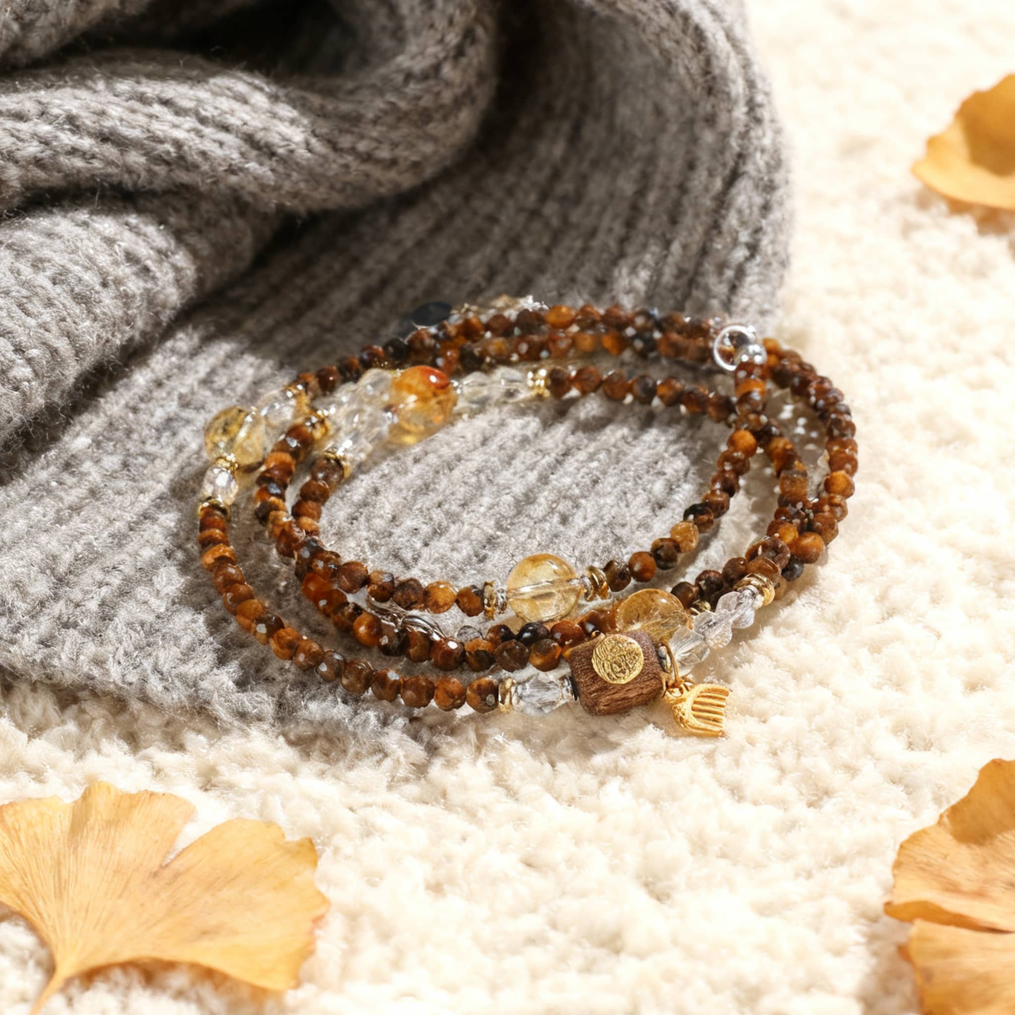 5 Senses tiger's eye anxiety bracelet with golden accents and natural stones for calming energy