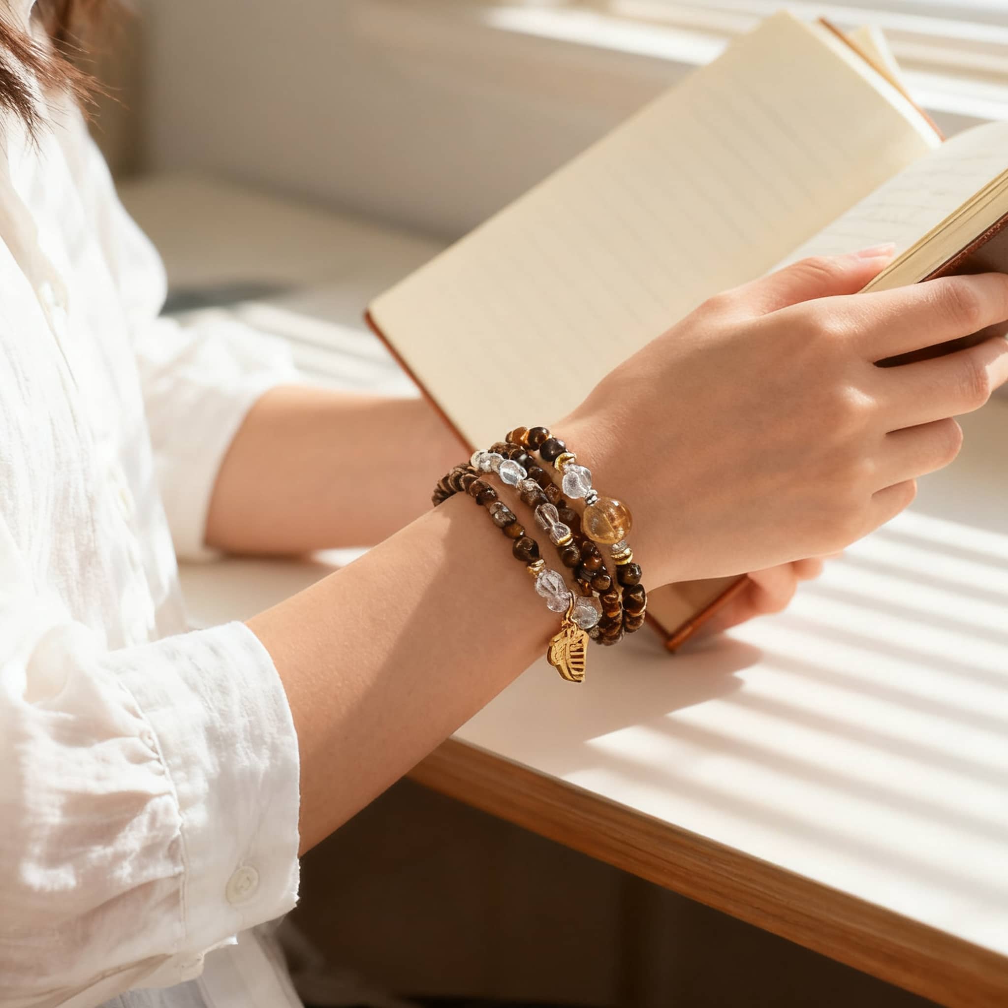 Stylish tiger's eye anxiety bracelet stacked on a wrist near an open notebook