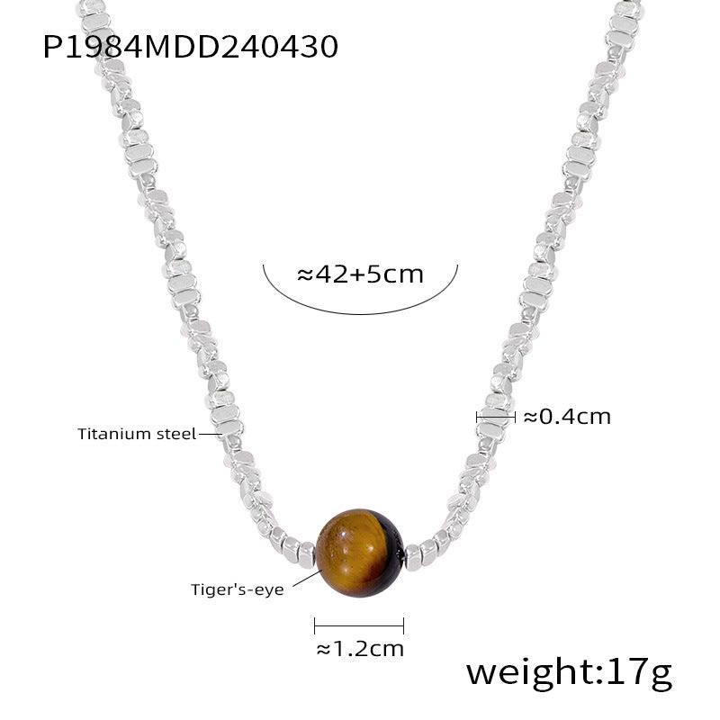 Healing crystal necklace silver chain featuring a tiger's eye bead on titanium steel chain