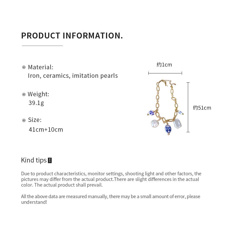 Unique meaningful gift for women, Calm necklace with ceramic charms and imitation pearls on a gold chain