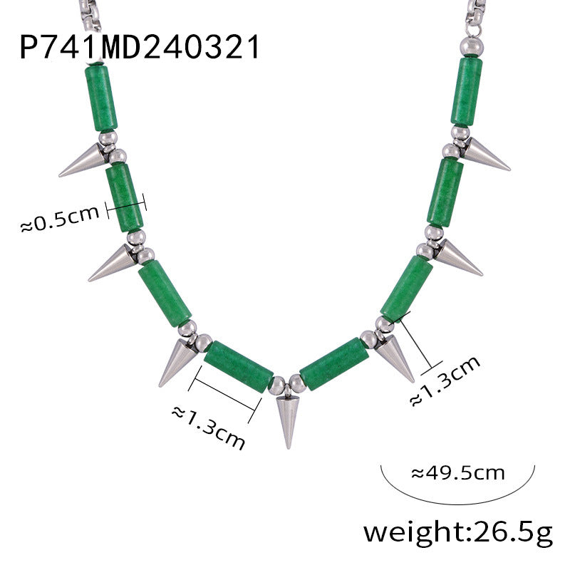 Anxious necklace featuring green beads and sharp steel points in a steel point necklace design