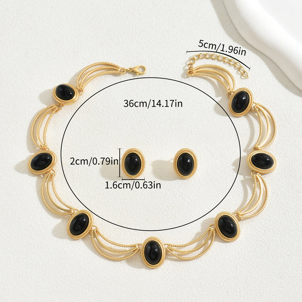Elegant black gemstone necklace set with gold chain and matching oval earrings with measurements