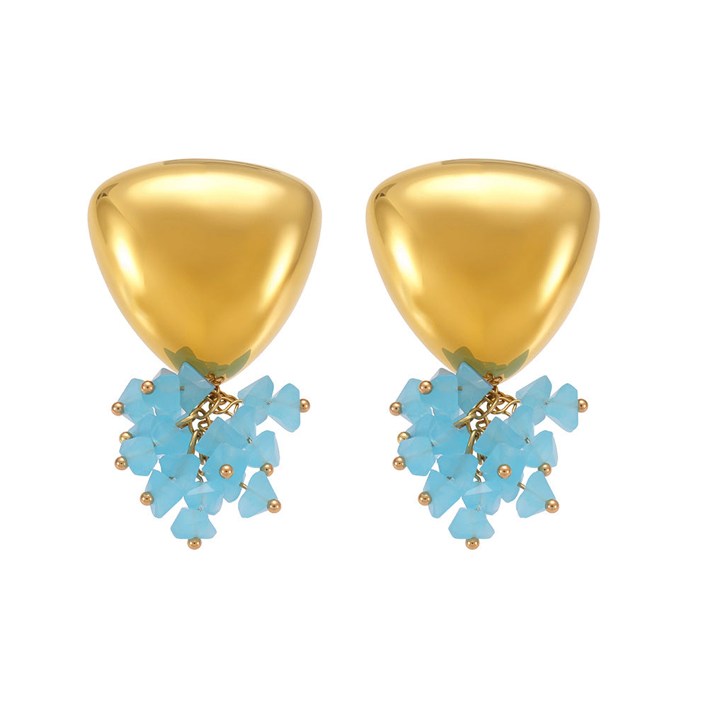 Joy gold and blue geometric triangle earrings with polished triangular top and clustered blue stones