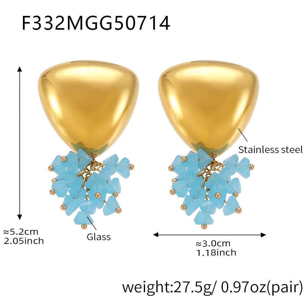 Joy geometric triangle earrings with gold stainless steel top and blue glass accents