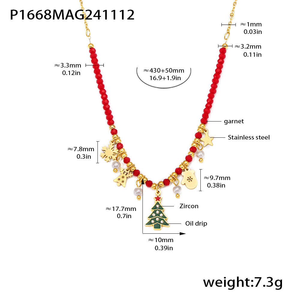 Gold Christmas tree necklace with red beads, zircon charm, and stainless steel elements