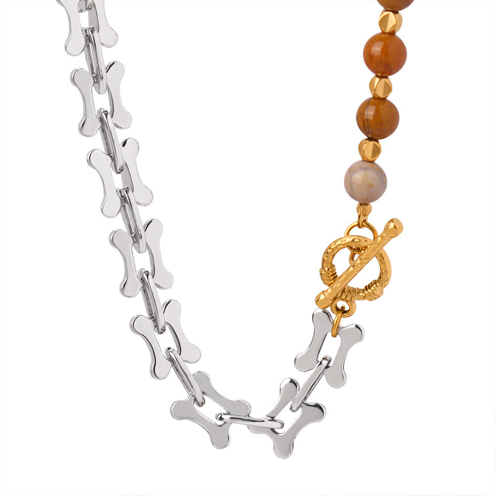 Mixed metal bead choker necklace featuring silver links and brown gold-tone beads with toggle clasp