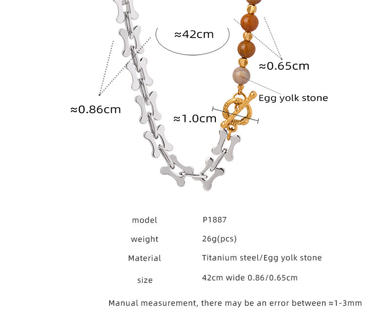 Mixed metal bead choker with titanium steel links and egg yolk stone beads measuring 42cm length