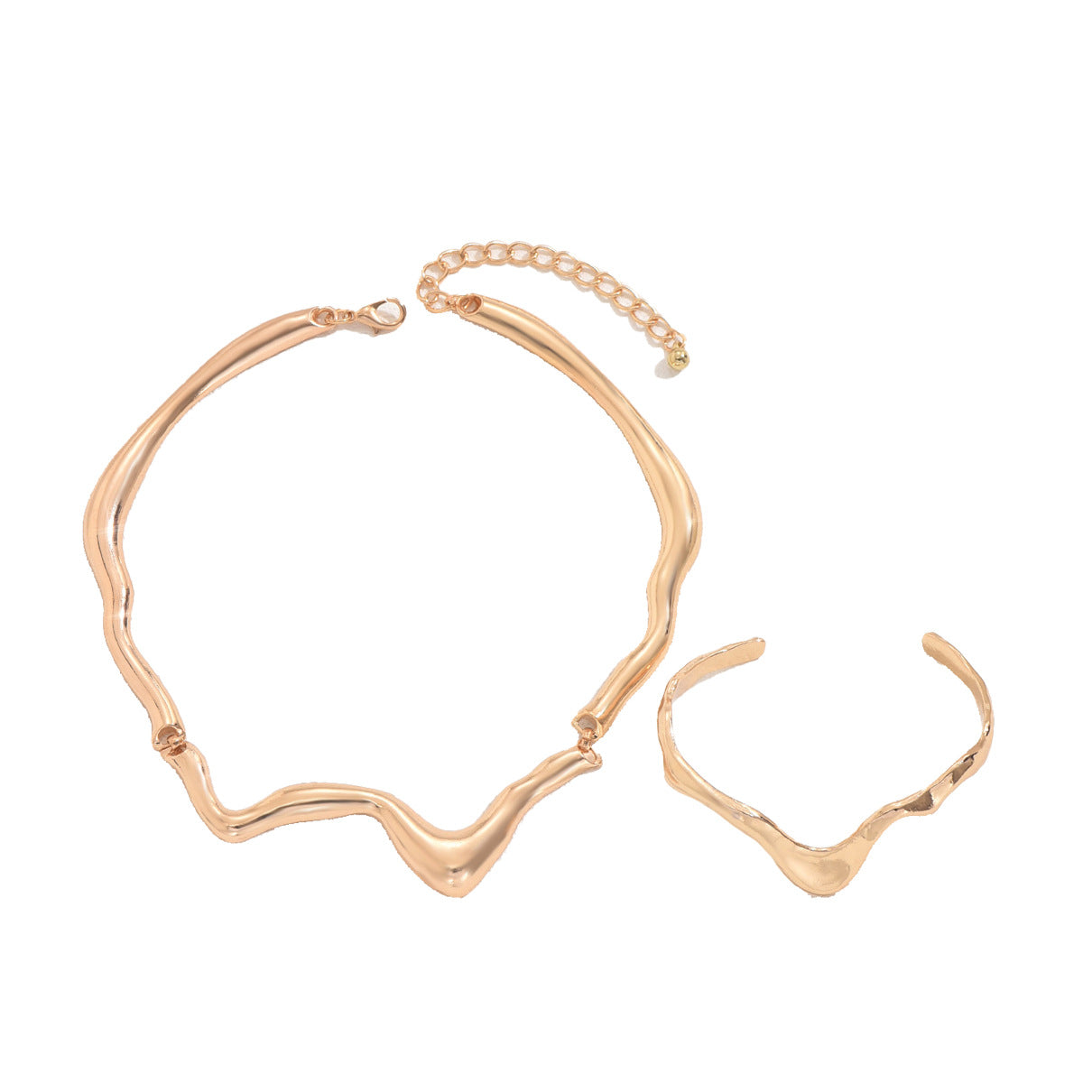 Angry molten metal jewelry set featuring a wavy gold necklace and matching bracelet