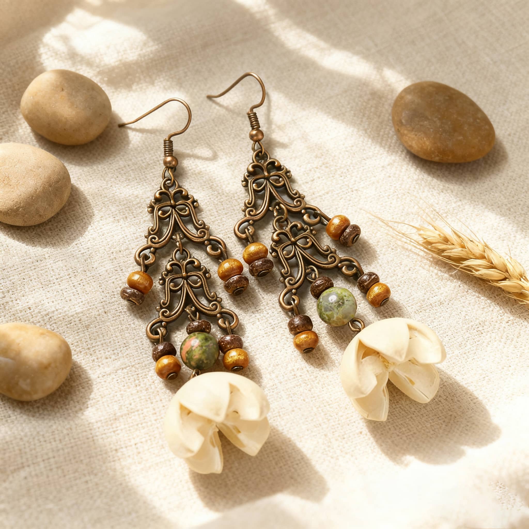 Vintage cut-out metal earrings with decorative beads and shell accents, perfect for stylish outfits
