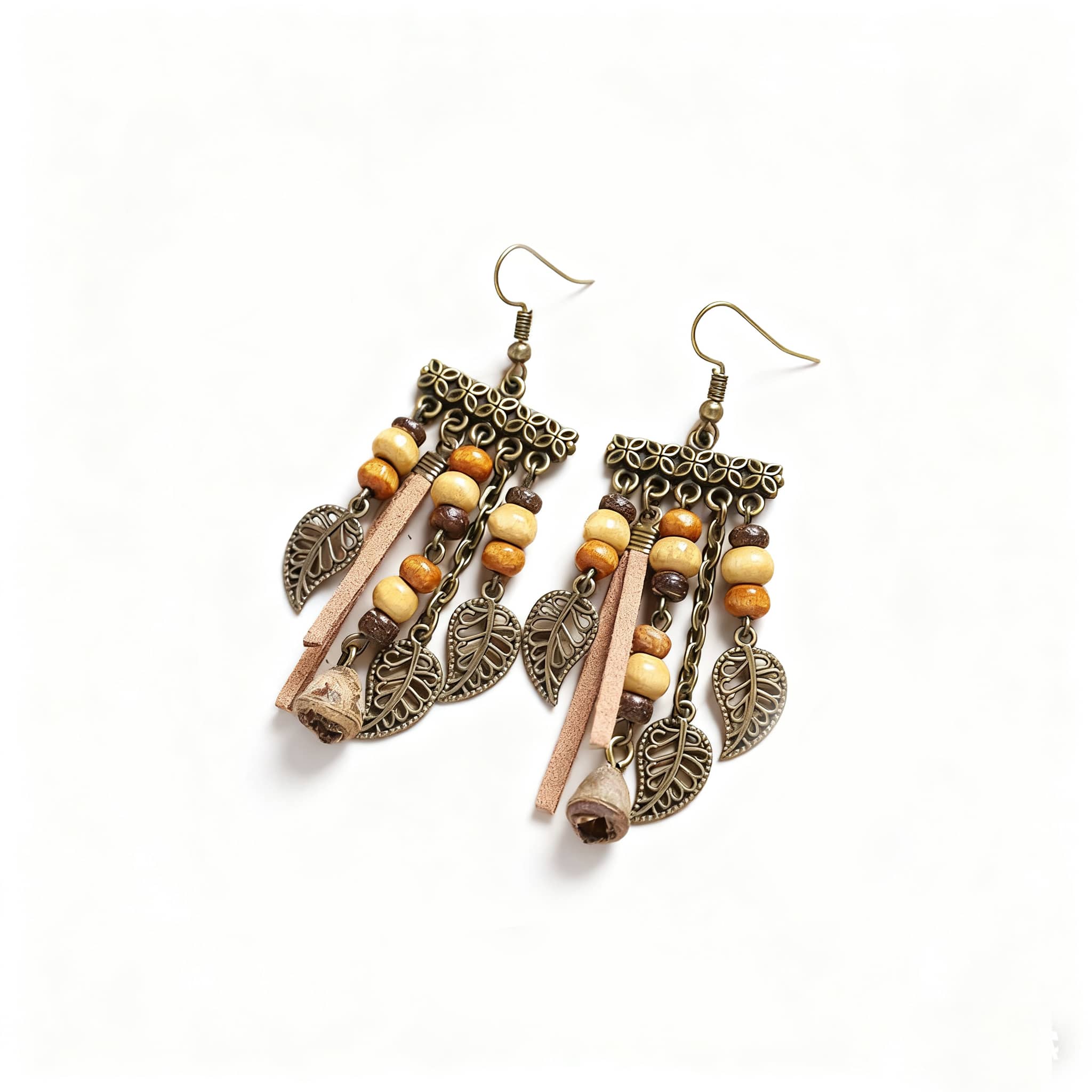 Vintage leaf tassel earrings with intricate metalwork and colorful beads for a bohemian look