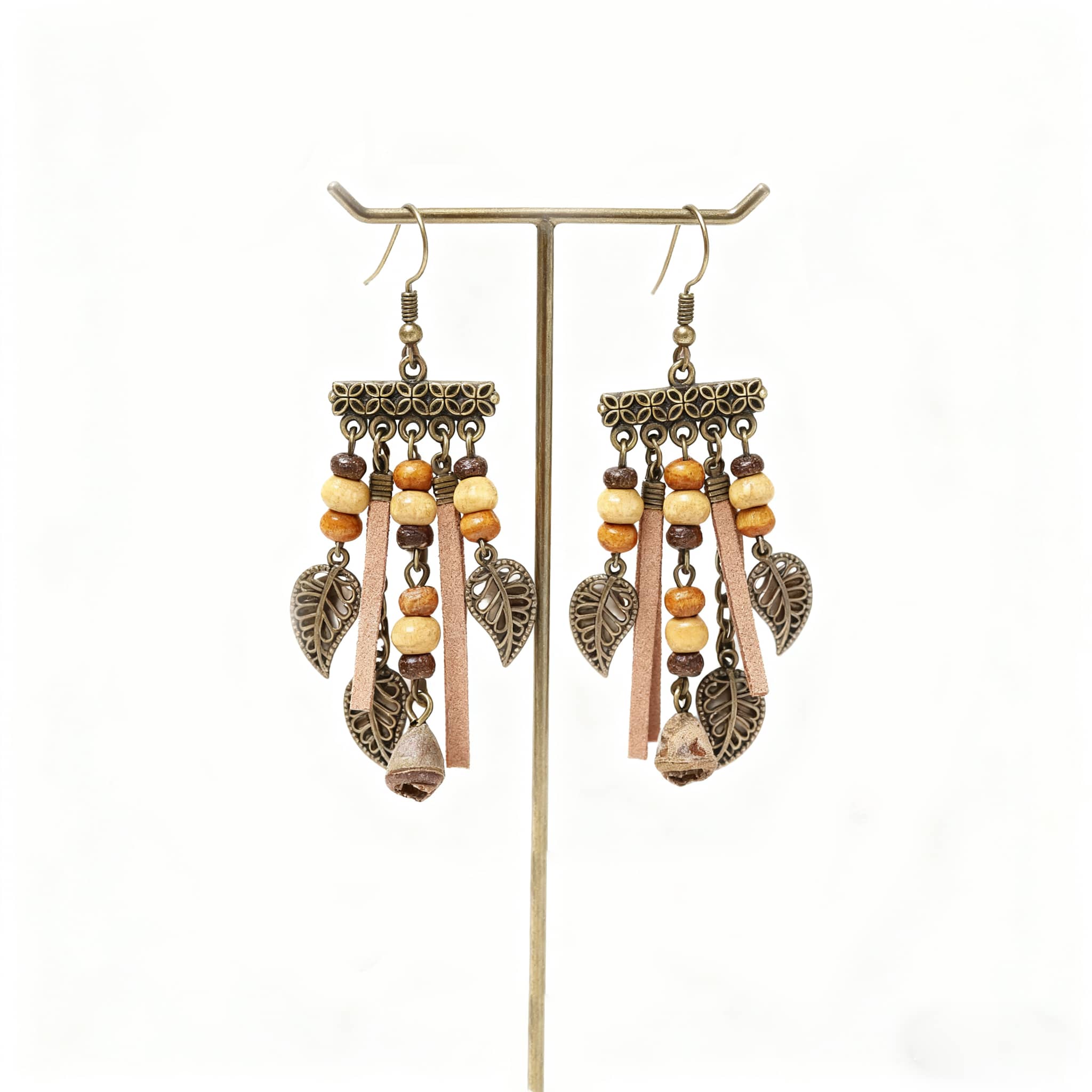 Vintage leaf tassel earrings with brown beads and metal leaf details for a stylish look