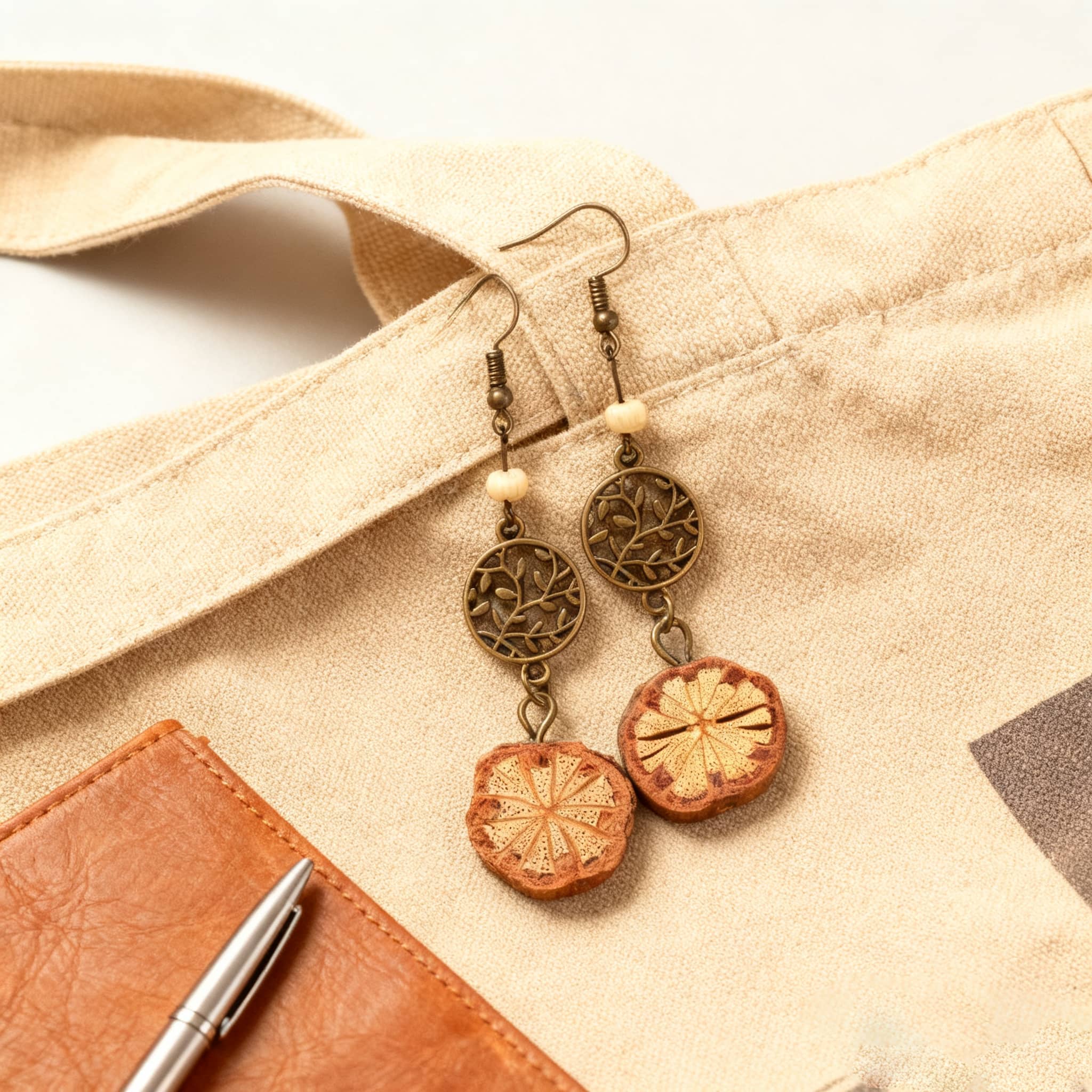 Vintage vine earrings with intricate designs and wooden accents, perfect for a unique look