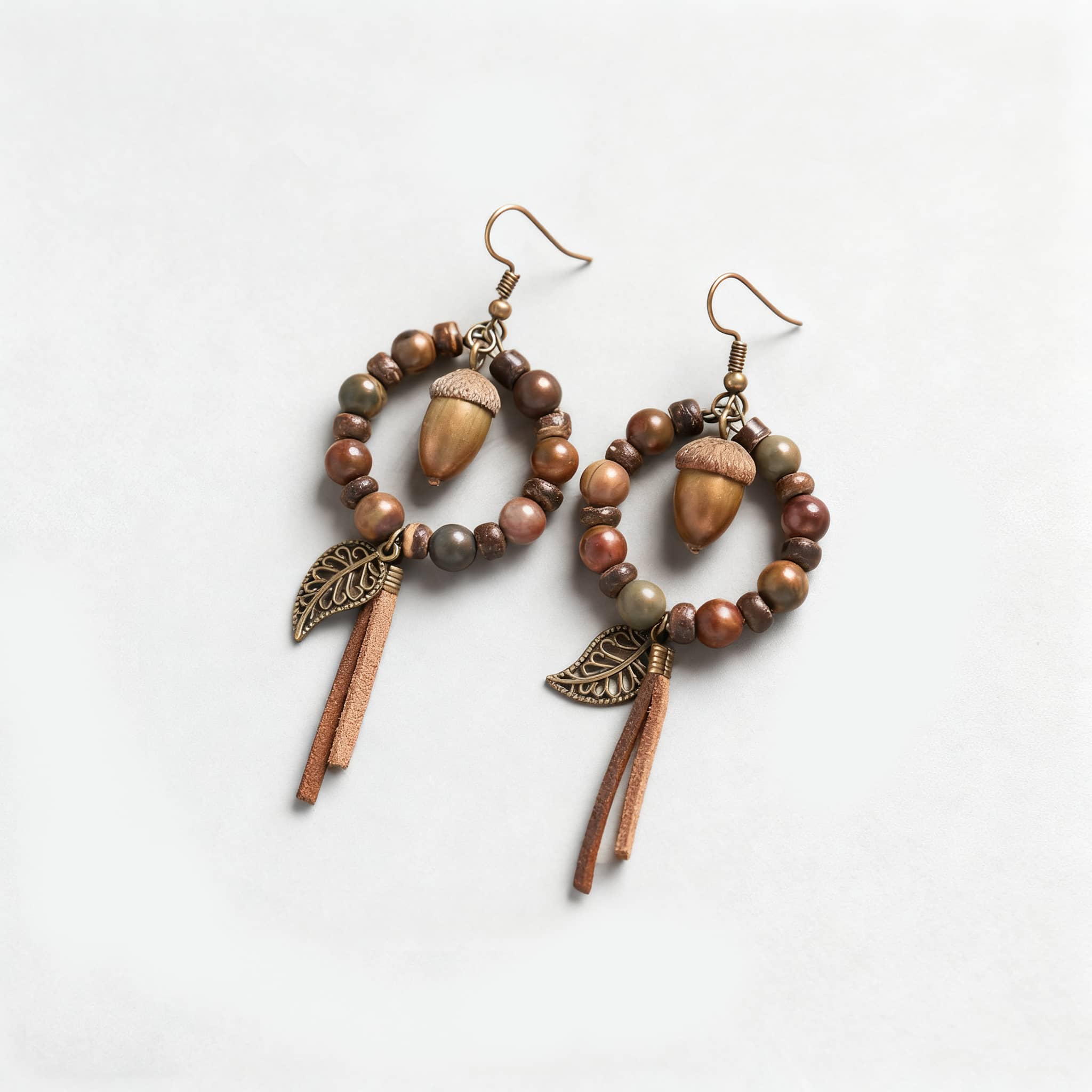 Handcrafted vintage wood bead earrings with acorn and leaf design for a unique accessory