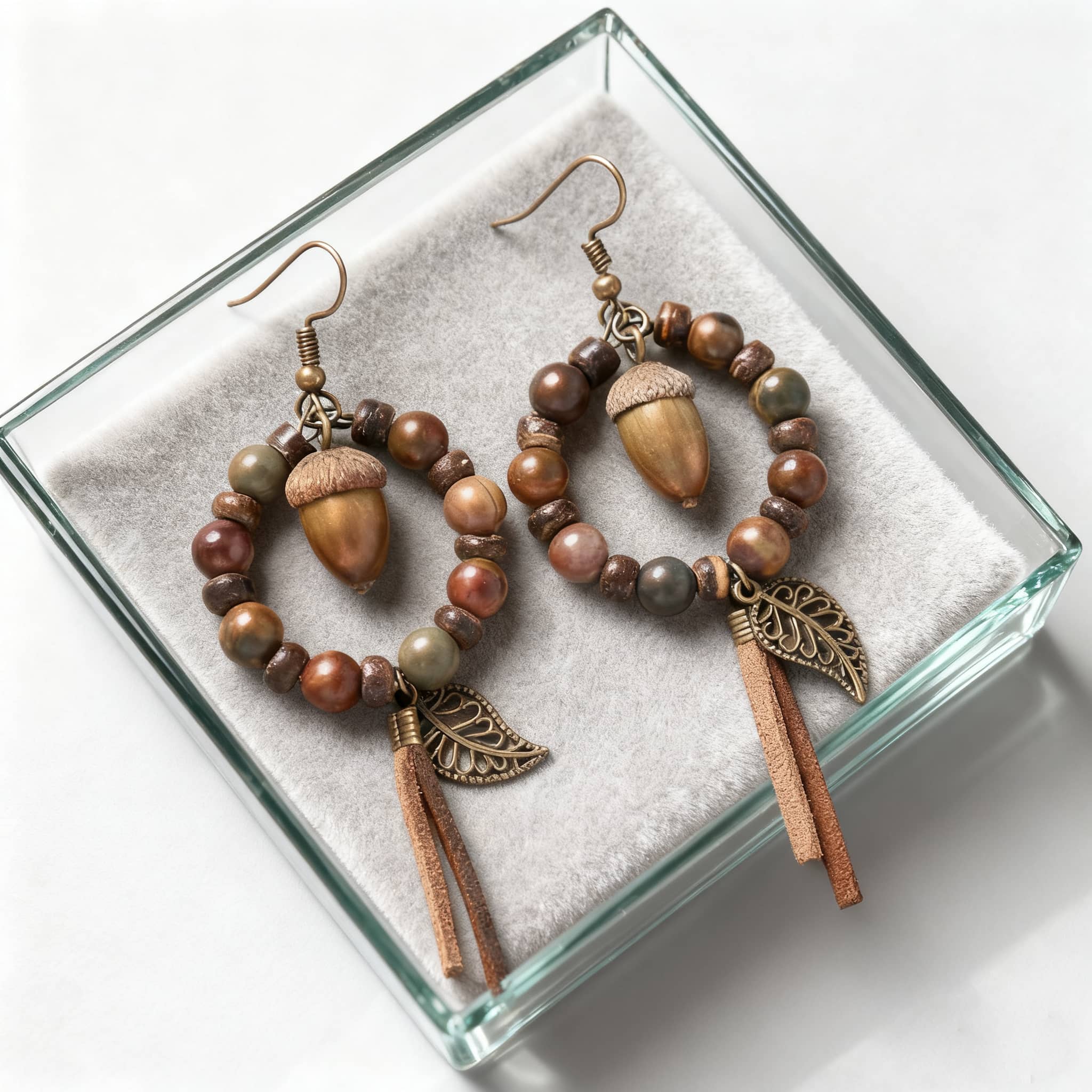 Handcrafted vintage wood bead earrings featuring acorn designs and earthy tones for a unique look