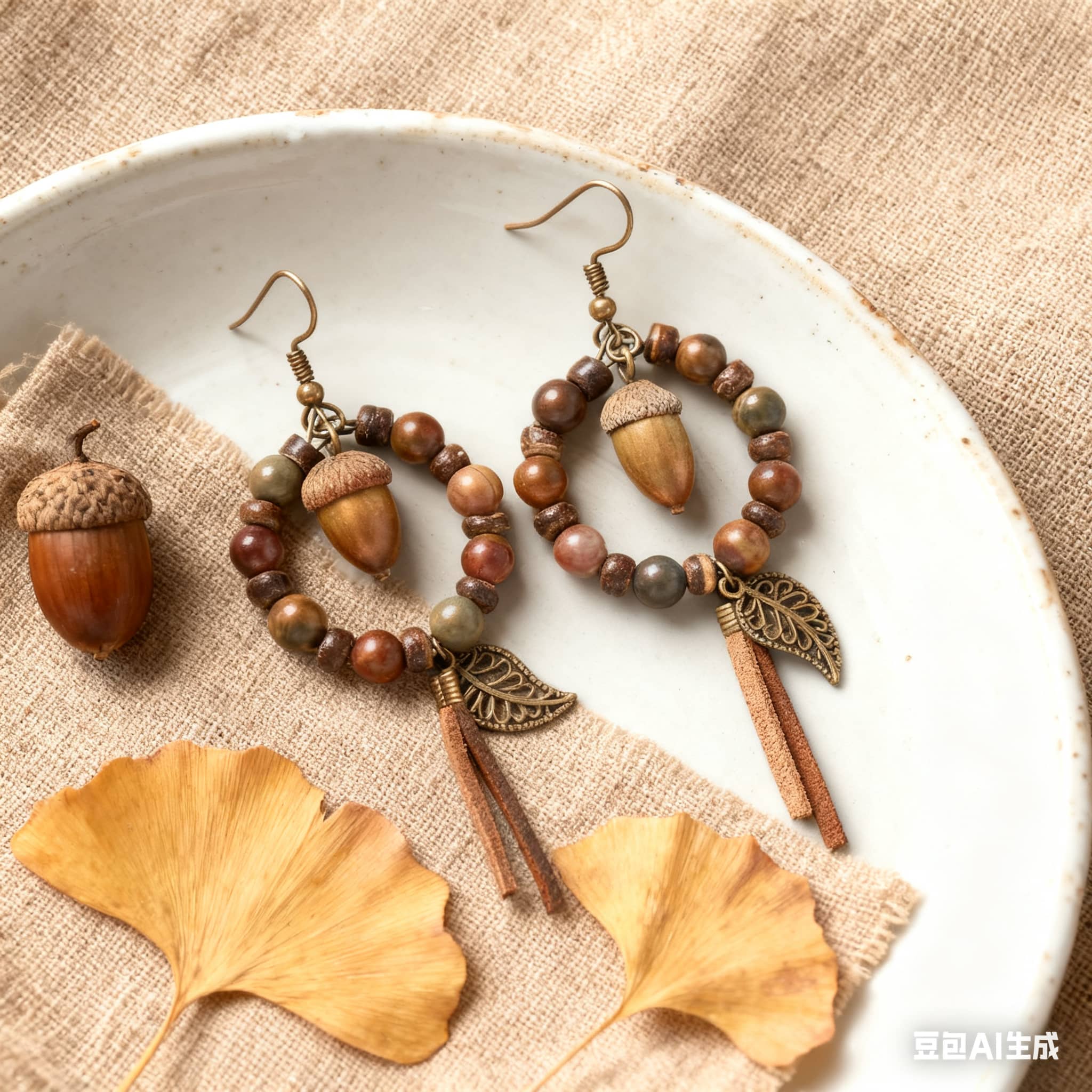 Vintage wood bead earrings featuring acorn designs and metal accents for a natural look