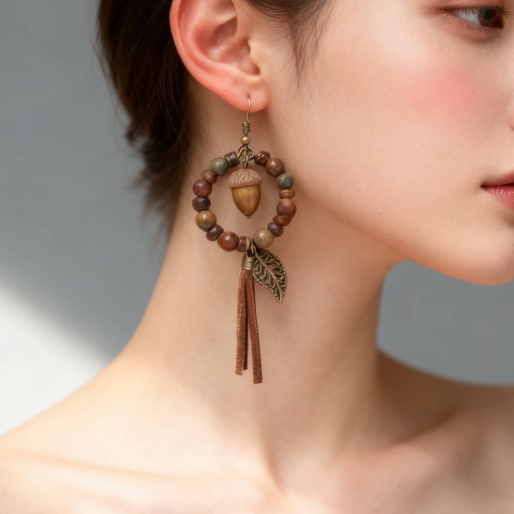 Angry vintage wood bead earrings with acorn and leaf design for a unique boho look
