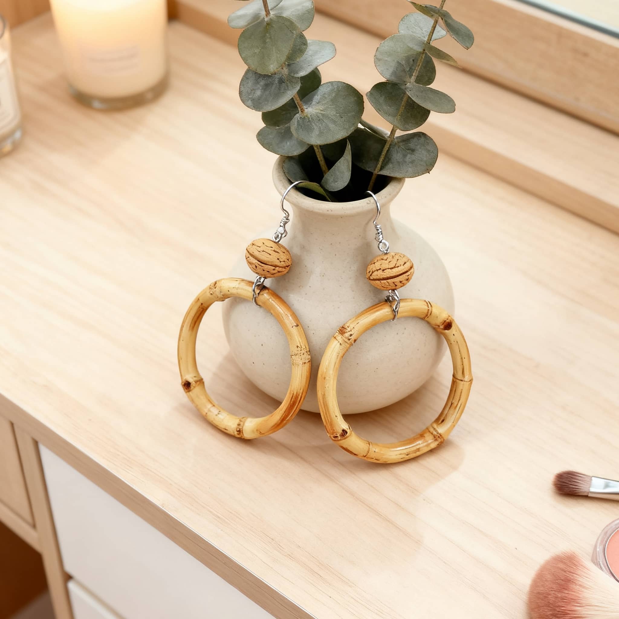 Stylish walnut and bamboo earrings featuring a unique circular design perfect for everyday wear