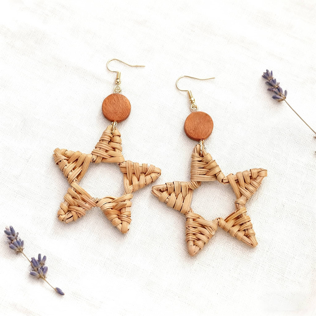 Wood and bamboo star earrings crafted from natural materials for a stylish accessory