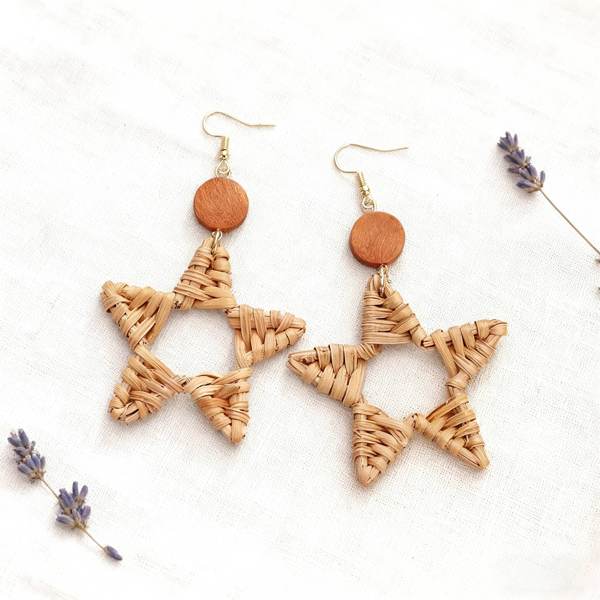 Wood and bamboo star earrings crafted from natural materials for a stylish accessory