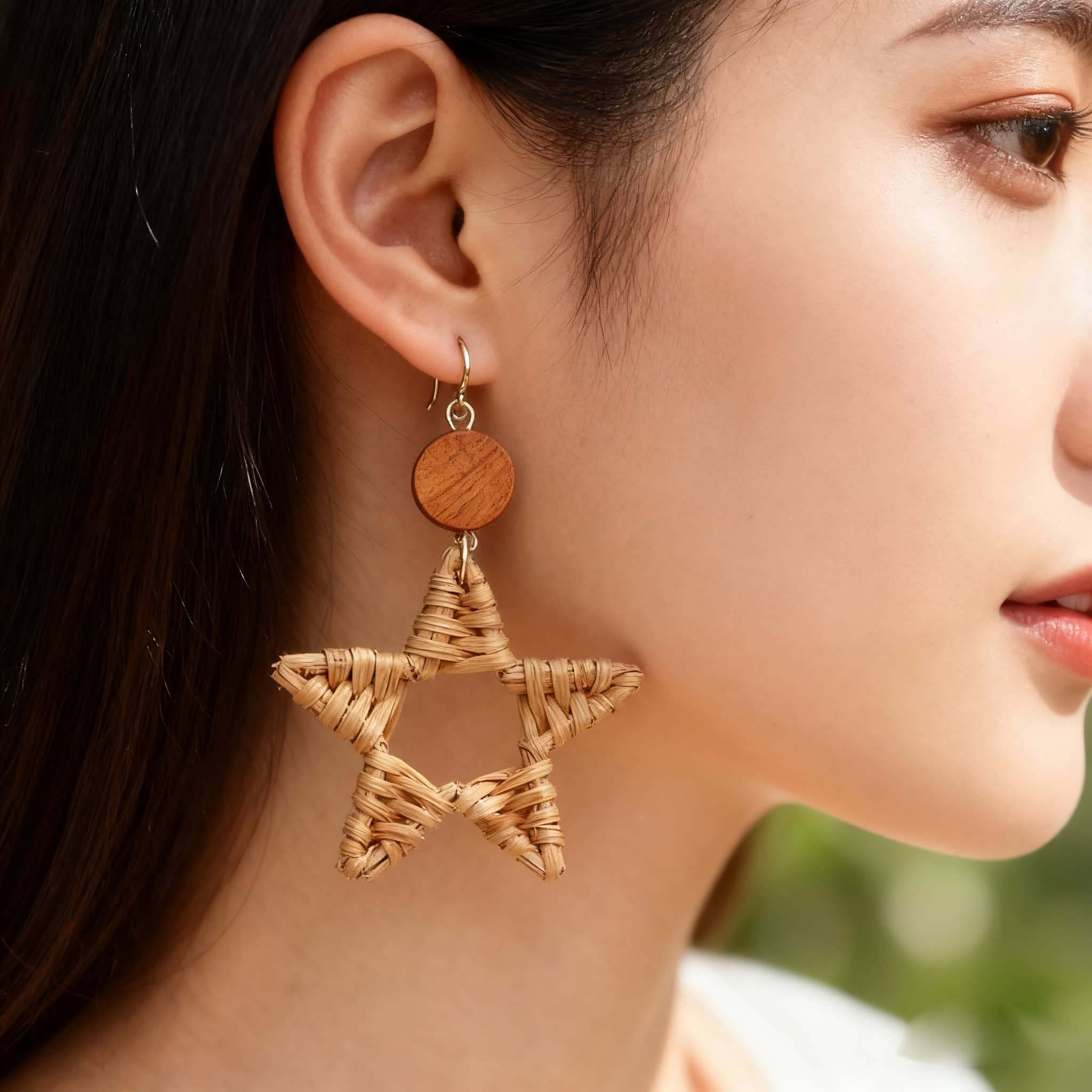 Calm wood and bamboo star earrings showcasing a unique woven star design for stylish accessory lovers
