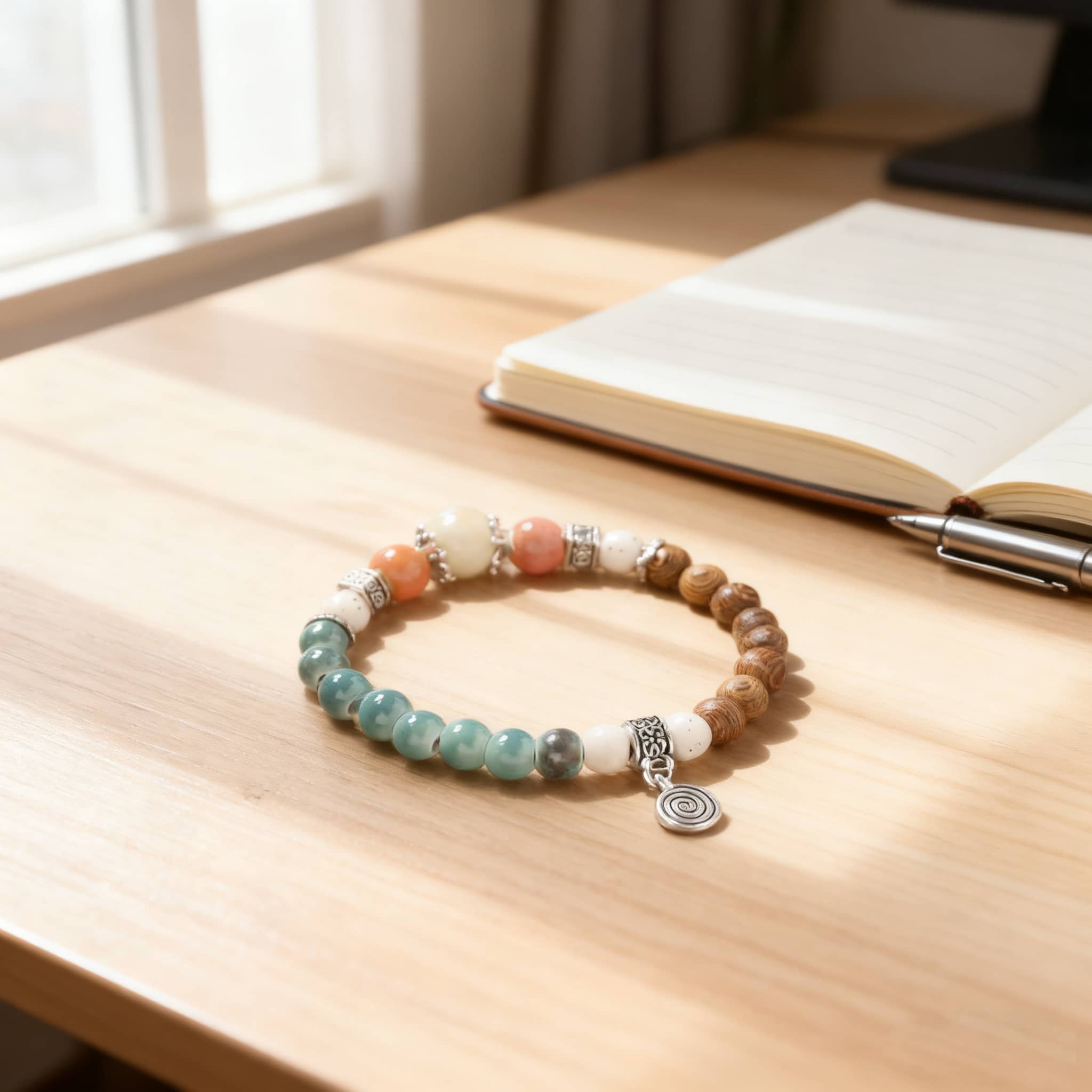 Wood and ceramic mindful bracelet featuring natural stones and a charm, perfect for meditation and relaxation