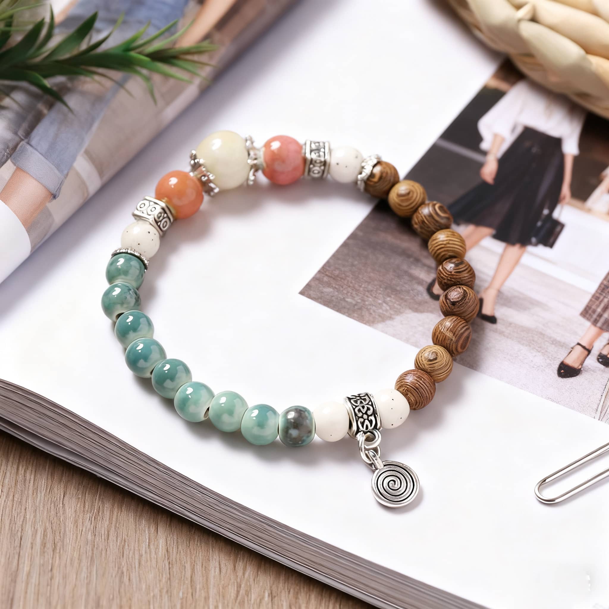 5 Senses wood and ceramic mindful bracelet featuring natural stones and intricate silver accents