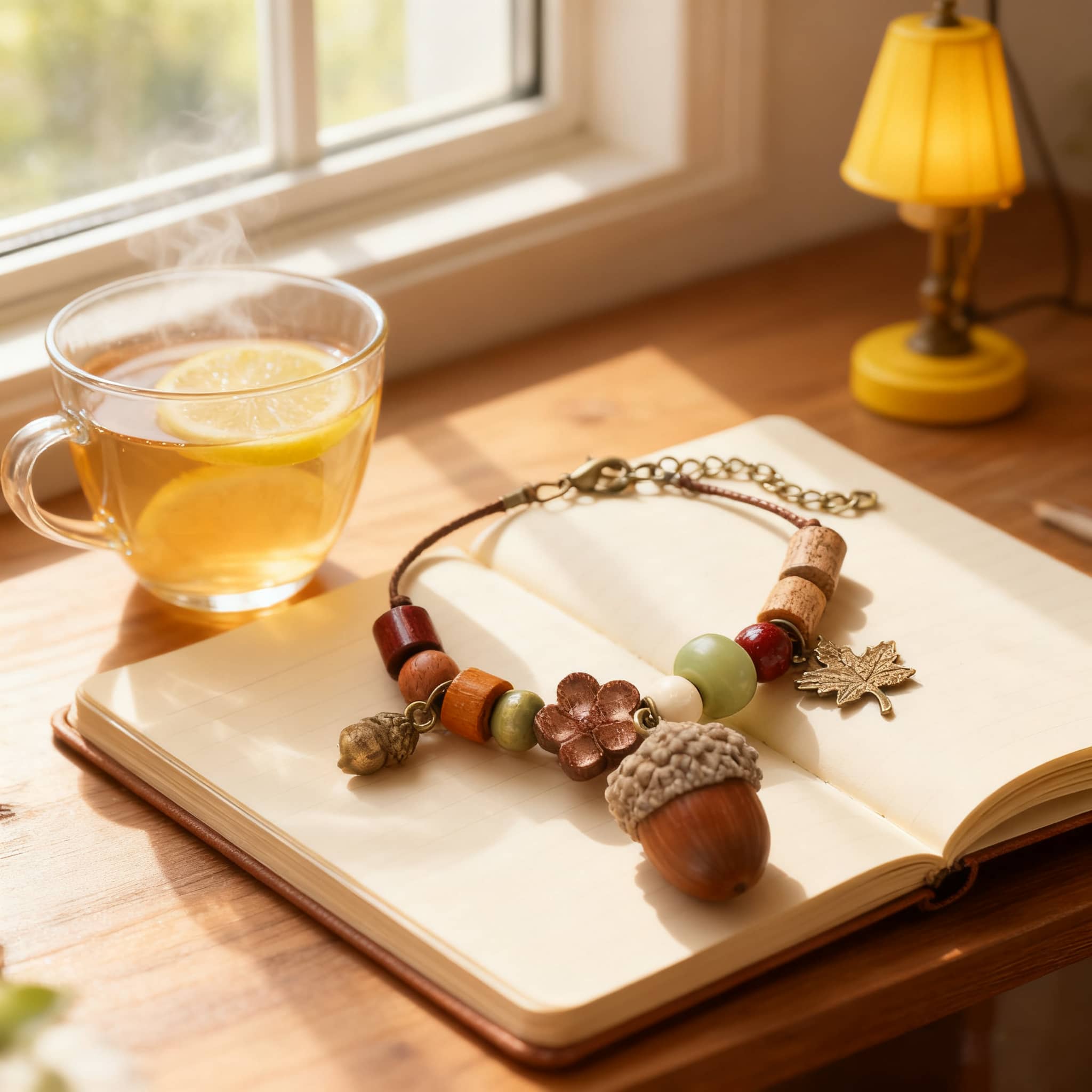 Wood bead acorn bracelet with colorful beads displayed on a wooden desk next to tea and a notebook
