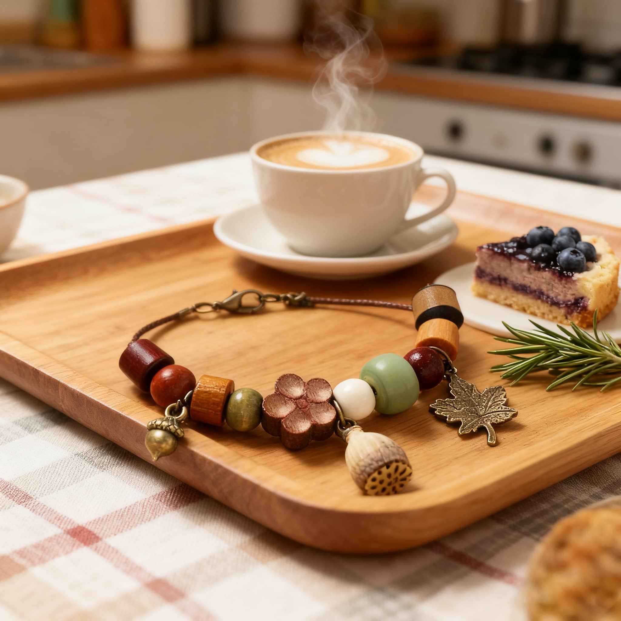 Angry wood bead mindfulness bracelet with natural elements on a wooden tray beside a coffee cup