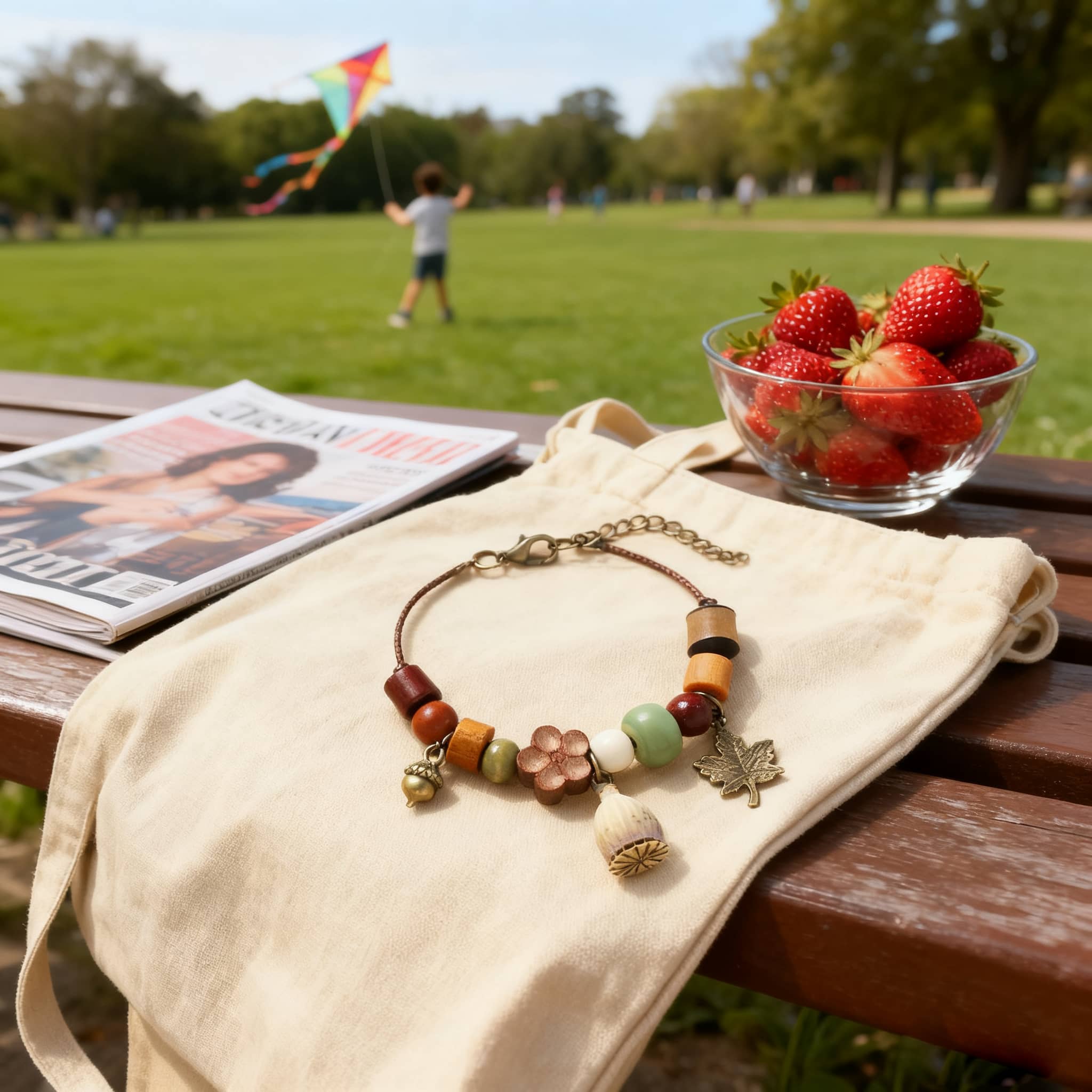 Angry wood bead mindfulness bracelet displayed on a tan bag with strawberries and a magazine in a park setting