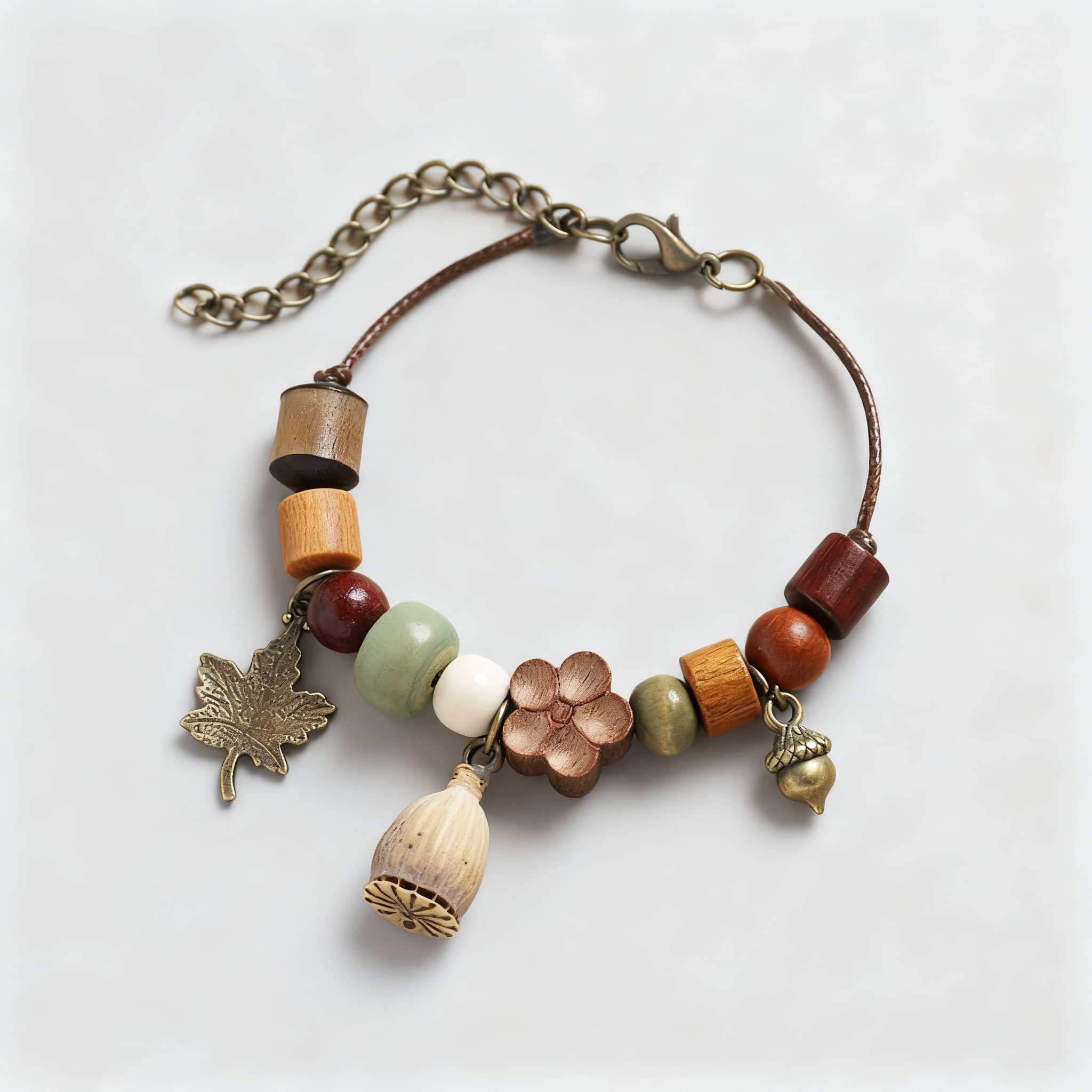 Wood bead mindfulness bracelet with various natural beads and charms for relaxation and style