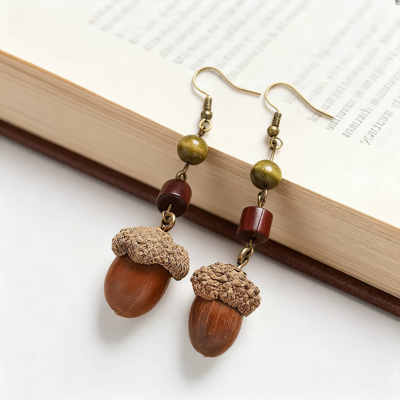 Unique wooden acorn earrings featuring brown acorn tops and decorative beads for a stylish look