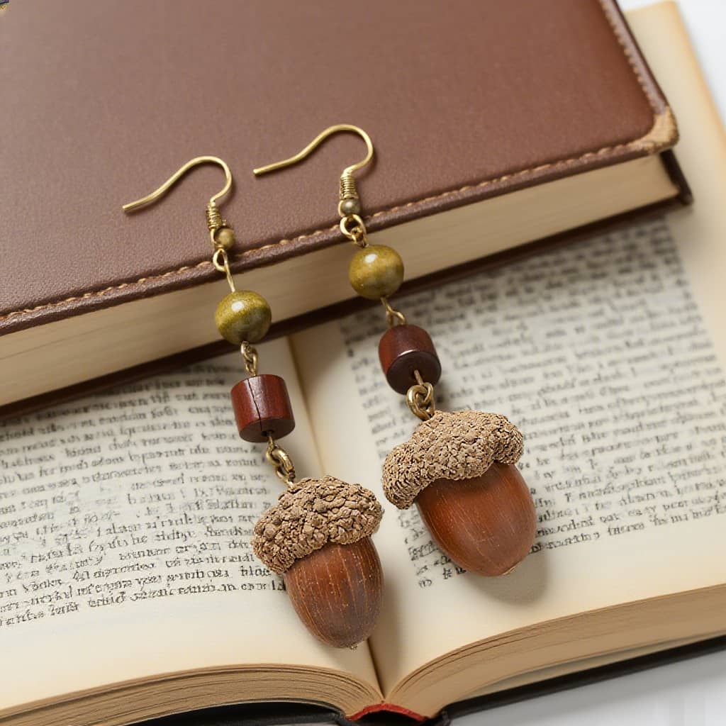 Handcrafted wooden acorn earrings with natural wood beads for a unique accessory