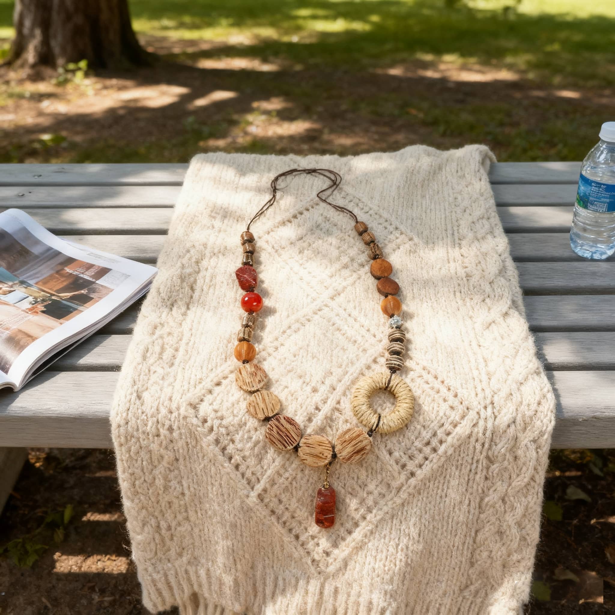 Calm woven pendant mindfulness jewelry showcased on a cozy sweater in a serene outdoor setting